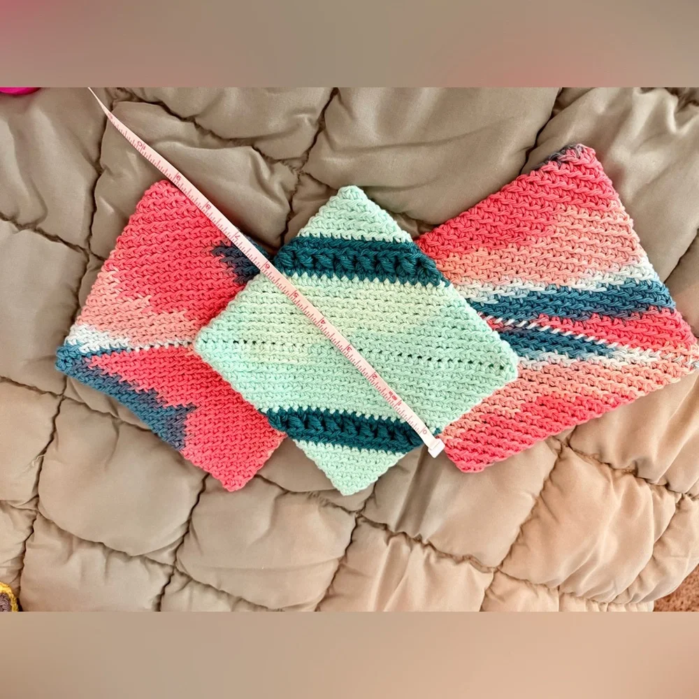 🧵 Handmade Crocheted Pot Holder Set – Orange/Pink & Shades of Teal (Set of 3) - Picture 3 of 5